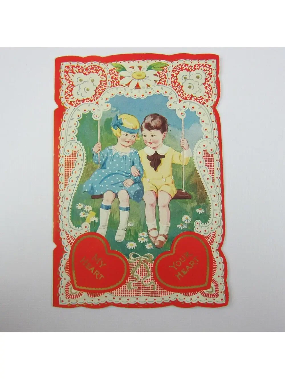 Antique Valentine Blonde Girl Blue Dress Boy Swing Daisy Flowers Die cut Bifold